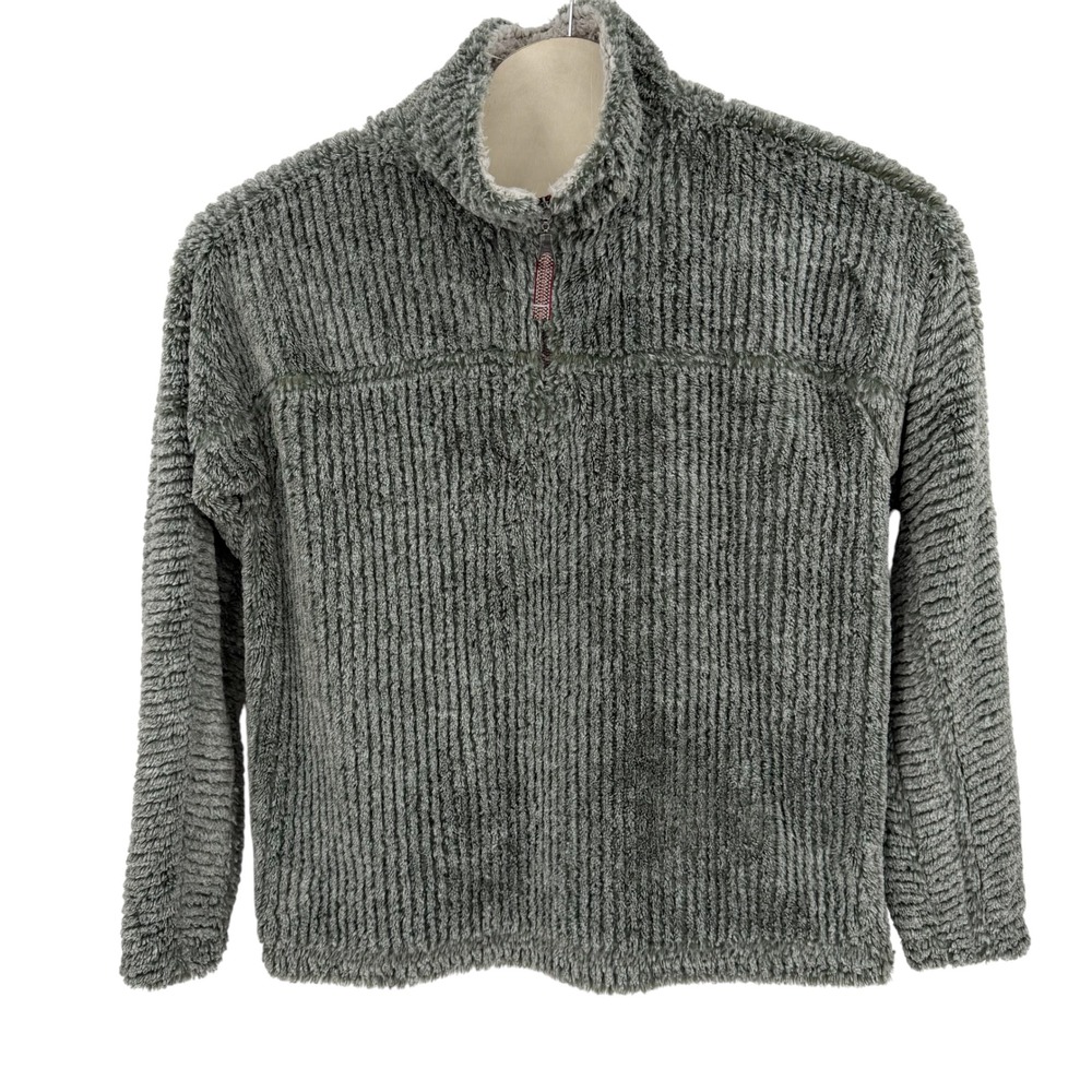 True Grit Pullover Mens L Green Faux Fur Quarter Zip Ribbed Fleece Gorpcore Cozy